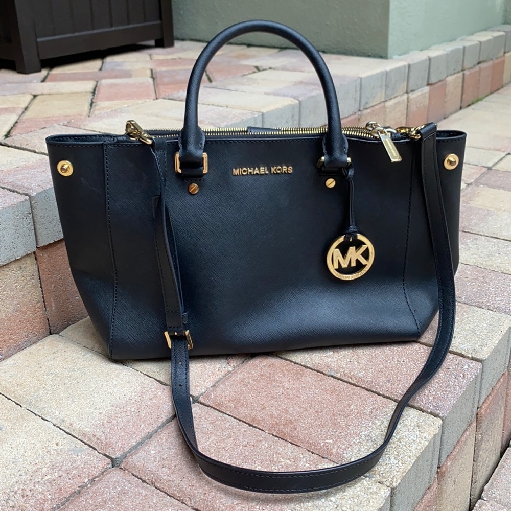 Michael Kors black leather bag with gold MK charm